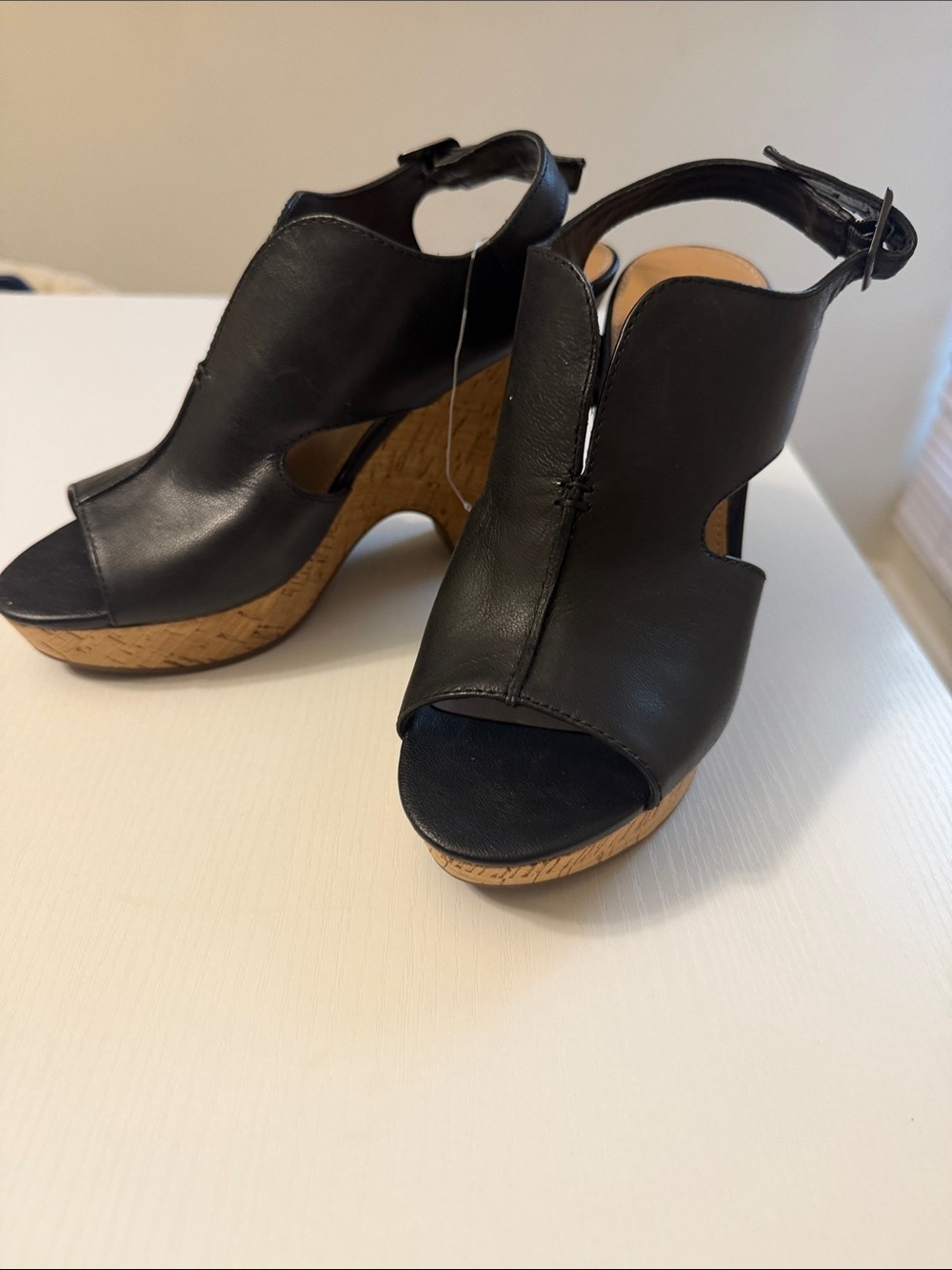 Franco Sarto Black Leather Cork Wedge Sandals